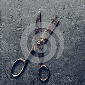 Antique rusty tailor scissors close-up on gray textured background, stylized