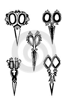 Antique scissors vector silhouettes. Collection of vintage accessories.