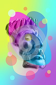 Antique sculpture of face old bearded man surreal collage in pop art style. Modern image with cut details statue head