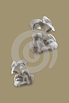 Antique sculpture of face old bearded man surreal collage in pop art style. Modern image with cut details statue head