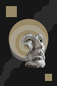 Antique sculpture of face old bearded man surreal collage in pop art style. Modern image with cut details statue head