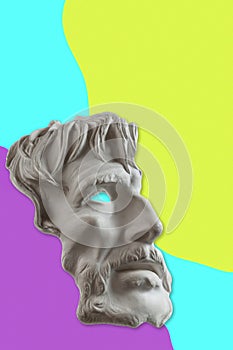 Antique sculpture of face old bearded man surreal collage in pop art style. Modern image with cut details statue head