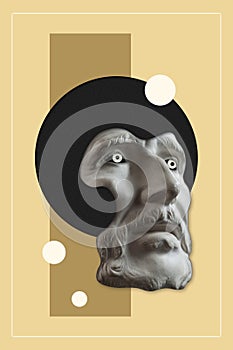 Antique sculpture of face old bearded man surreal collage in pop art style. Modern image with cut details statue head