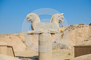 Antique sculpture of Homa or Huma bird in Persepolis. Fars Province, Iran.