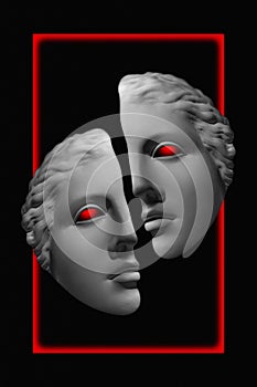 Antique sculpture of human face surreal collage in pop art style. Modern image with cut details of statue head. Red eyes