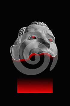 Antique sculpture of human face surreal collage in pop art style. Modern image with cut details of statue head. Red eyes