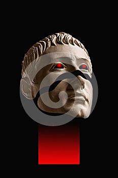 Antique sculpture of human face surreal collage in pop art style. Modern image with cut details of statue head. Red eyes