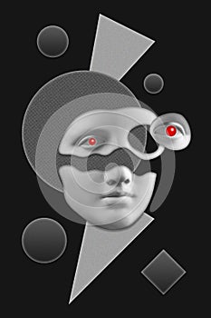 Antique sculpture of woman face surreal collage in pop art style. Modern image with cut details of statue head. Red eyes