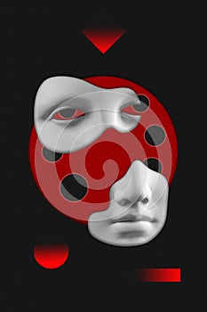 Antique sculpture of woman face surreal collage in pop art style. Modern image with cut details of statue head. Red eyes