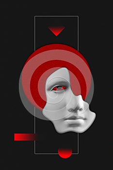 Antique sculpture of woman face surreal collage in pop art style. Modern image with cut details of statue head. Red eyes