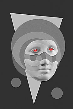 Antique sculpture of woman face surreal collage in pop art style. Modern image with cut details of statue head. Red eyes