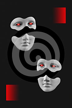 Antique sculpture of woman face surreal collage in pop art style. Modern image with cut details of statue head. Red eyes