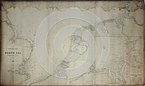 Antique Sea Chart from 1875. Lots of wear and tear from decades of nautical use.