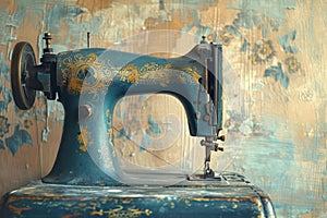An antique sewing machine is ready to work on the table