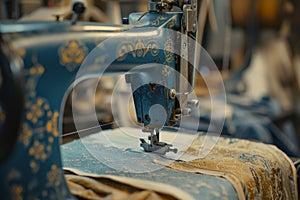 An antique sewing machine is ready to work on the table