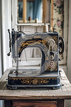 An antique sewing machine is ready to work on the table