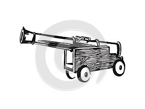 Antique ship pirate cannon. Hand drawn sketch illustration. Vector black ink drawing isolated on white background