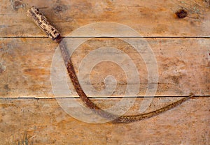 Antique sickle hand tool rusted on aged vintage wood