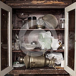 Antique sideboard with kitchen utensils