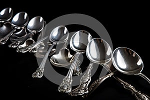 antique silver spoons arranged in row on black background