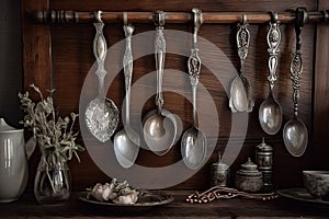 antique silver spoons hanging from ribbon on wooden display board