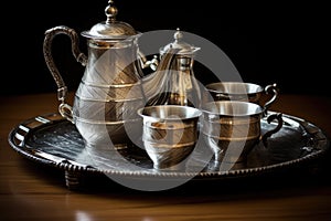 antique silver teapot and cups on a tray