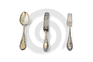 Antique silverware on isolated white background