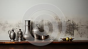 Antique silverware on an old table. Antique silver minimalism. Copy space. Horizontal format for banners, posters, pawnshops. AI