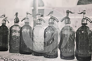 Antique Siphons bottles Glass in Flea Market, Buenos Aires, Argentina. filter mapping