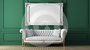 Baroque Grandiosity: White Couch With Frame Against Green Wall photo