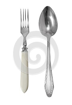 Antique spoon, and fork isolated