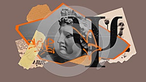 Antique statue bust with psychology symbol over ight background. Contemporary art collage.