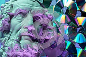 Antique statue of Homer head close up on a glitter CDs background. Concept of music, style, vintage.