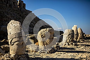 Antique statues on Nemrut mountain, Turkey. The UNESCO World Heritage Site at Mount Nemrut where King Antiochus of Commagene is