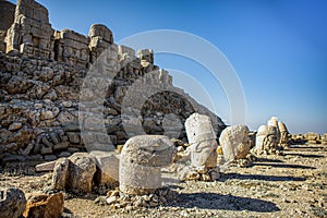 Antique statues on Nemrut mountain, Turkey. The UNESCO World Heritage Site at Mount Nemrut where King Antiochus of Commagene is