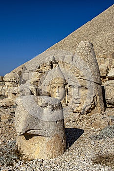 Antique statues on Nemrut mountain, Turkey. The UNESCO World Heritage Site at Mount Nemrut where King Antiochus of Commagene is