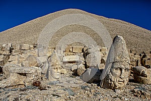 Antique statues on Nemrut mountain, Turkey. The UNESCO World Heritage Site at Mount Nemrut where King Antiochus of Commagene is