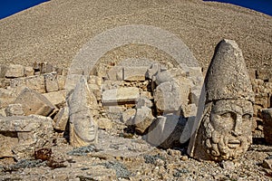 Antique statues on Nemrut mountain, Turkey. The UNESCO World Heritage Site at Mount Nemrut where King Antiochus of Commagene is