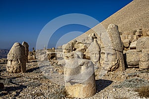 Antique statues on Nemrut mountain, Turkey. The UNESCO World Heritage Site at Mount Nemrut where King Antiochus of Commagene is