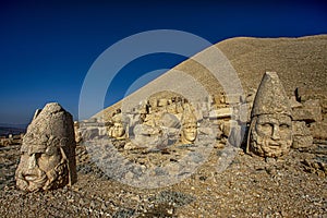 Antique statues on Nemrut mountain, Turkey. The UNESCO World Heritage Site at Mount Nemrut where King Antiochus of Commagene is