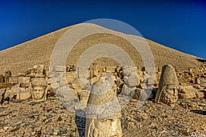 Antique statues on Nemrut mountain, Turkey. The UNESCO World Heritage Site at Mount Nemrut where King Antiochus of Commagene is