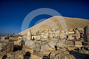 Antique statues on Nemrut mountain, Turkey. The UNESCO World Heritage Site at Mount Nemrut where King Antiochus of Commagene is