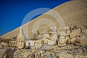 Antique statues on Nemrut mountain, Turkey. The UNESCO World Heritage Site at Mount Nemrut where King Antiochus of Commagene is