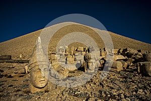 Antique statues on Nemrut mountain, Turkey. The UNESCO World Heritage Site at Mount Nemrut where King Antiochus of Commagene is