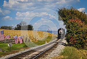 Antique Steam Engine Approach Thru Corn Fields With American Flags Lining the Track