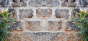 Antique Stone Concrete Wall background. Symmetrical Old Obsolete castle Brickwall