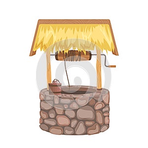 Antique stone water well with wooden bucket under straw roof isolated on white background