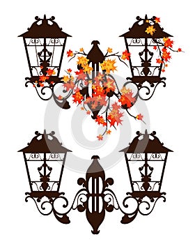 Antique streetlamp among autumn foliage vector