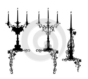 antique style candle holders decorated with rose flowers black vector design set