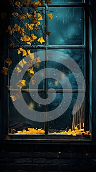 antique style door decorated with gold leaves background wallpaper. Autumn leaves, candles, and flowers.